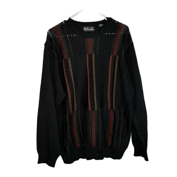 C10 Vintage D’Avila Men’s Black Knit Striped Classic Wool Blend Sweater, Medium - Picture 2 of 6